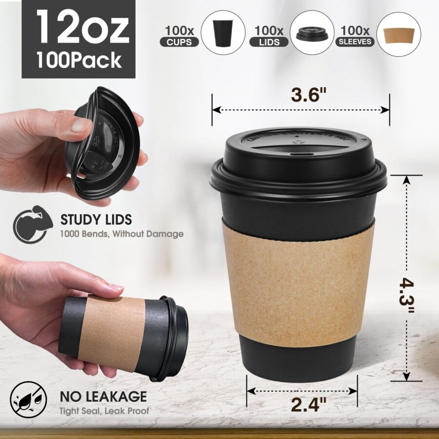 100 Pack 12 oz Disposable Coffee Cups with Lids and Sleeves, To Go Leak-Proof Black Paper Cups for Picnics, Parties, Travel, Offices and Coffee Bar Supplies - Image 2