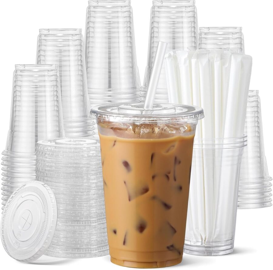 100 Pack 16 oz Clear Plastic Cups with Lids and Straws, Food Safe Disposable Iced Coffee Cups for Cold Beverages, Smoothies, Iced Coffee, Leak-Proof, -Free