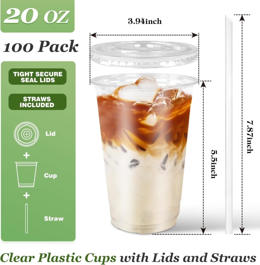 100 Sets- 20 oz Clear Plastic Cups with Lids and Straws, Disposable To Go Cups for Cold Drinks, Iced Coffee, Milkshakes, Smoothies - Image 2