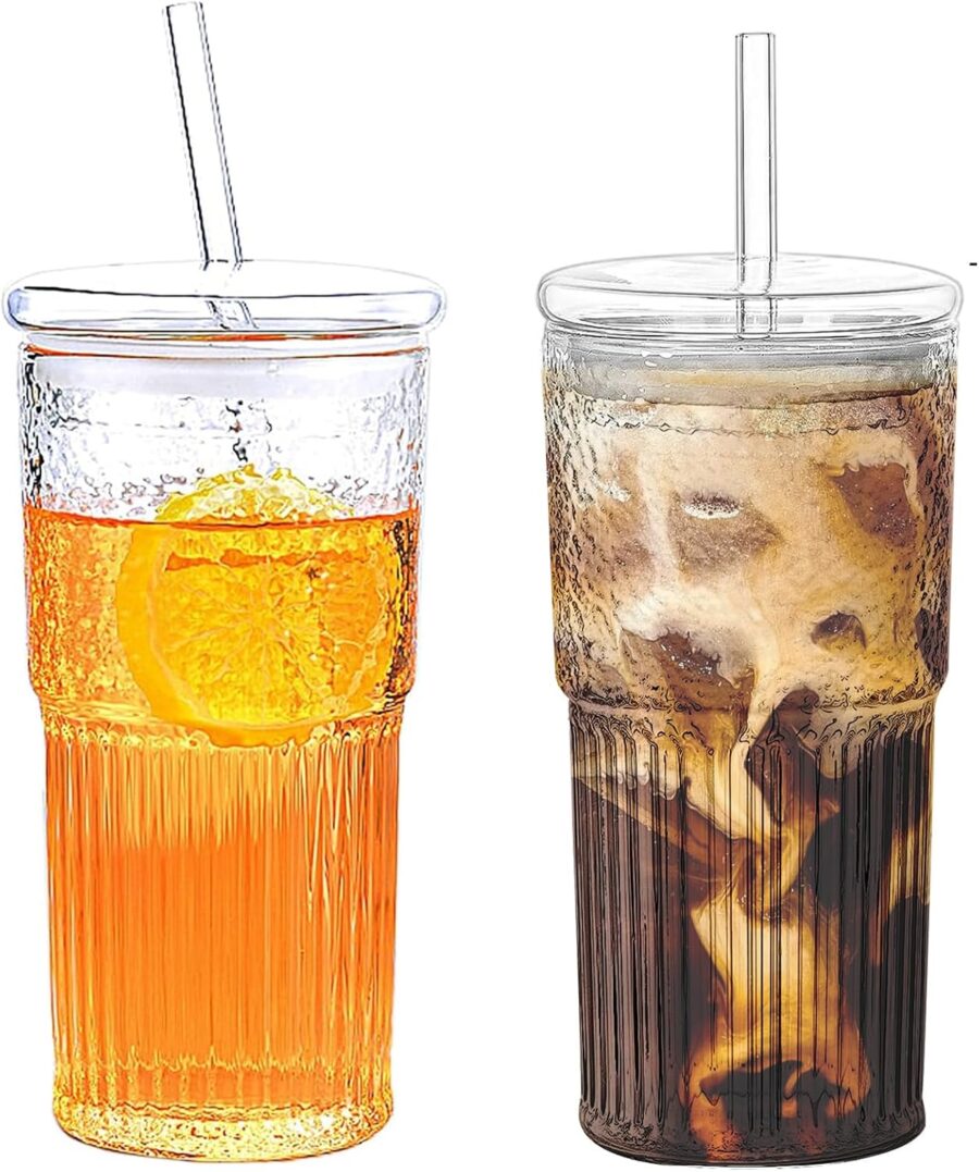 2PCS Glass Cups with Lids and Glass Straws, 20OZ Iced Coffee Cups, Home Essential and Coffee Bar Accessories Borosilicate Glass Tumblers with Lid and Straw for Beer, Cocktail, Tea and Latte, Clear