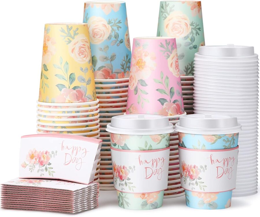 100 Pcs 12oz Floral Disposable Coffee Cups with 100 Lids and 100 Sleeves Paper Insulated Drink Hot Coffee Paper Cups with Dome Lids and Sleeves for Parties Wedding Baby Shower(Fresh)