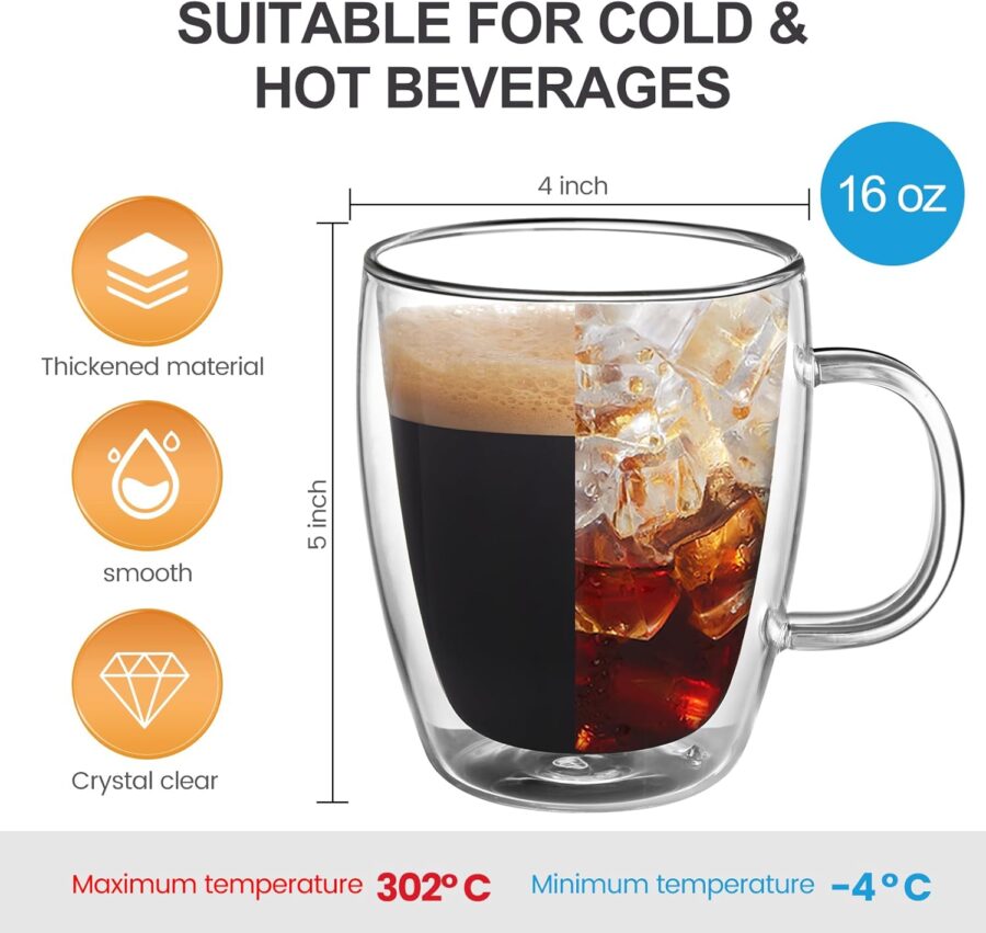 Double Wall Coffee Mugs, (4-Pcak) 16 Ounces-Clear Glass with Handle,lnsulated,Cappuccino,Tea,LatteCups,Beverage Glasses Heat Resistant - Image 2