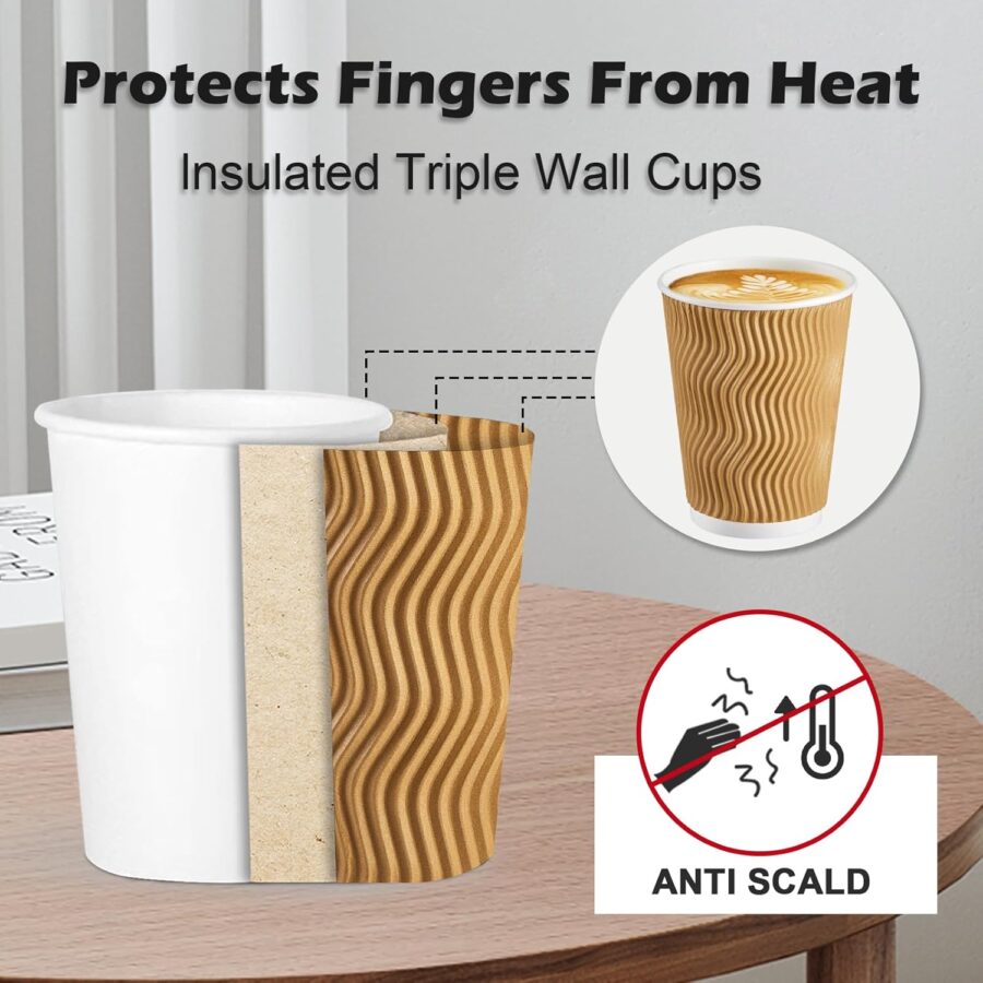 Coffee Cups 12 oz 50 Pack, Insulated Ripple Wall Paper Cups 12 oz, Disposable Coffee Cups, Hot Beverage/Cold Drinking Cups for Office, Home, Party, Cafe, Picnic, Travel (Champagne) - Image 2
