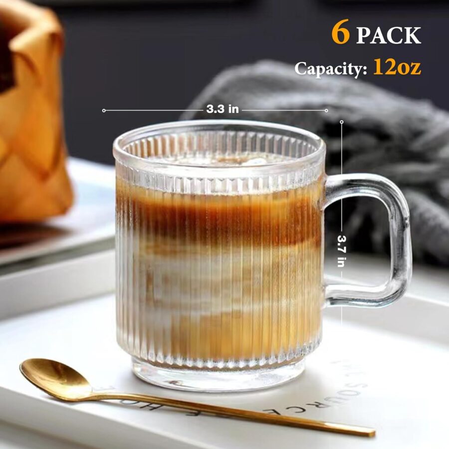 6 PACK Premium Glass Coffee Mugs with Handle, 12 OZ Classic Vertical Stripes Glass Coffee Cups, Transparent Tea Cup for Hot/Cold Beverages, Glassware Set for Americano, Latte, Cappuccino - Image 2