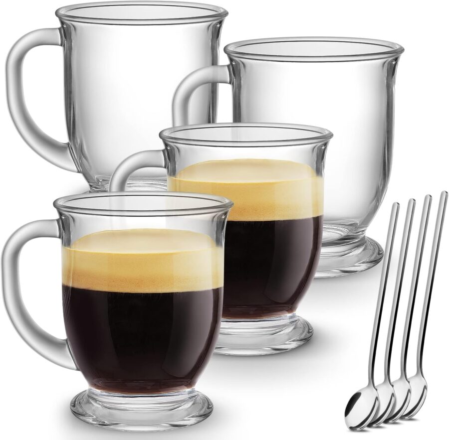 Glass Coffee Mugs Set of 4, Clear Large Coffee Mug 15 Oz With Handles for Hot Beverages, Clear Mugs for Tea, Cappuccino, Latte, Espresso Coffee, Juice, Glass Coffee Cups