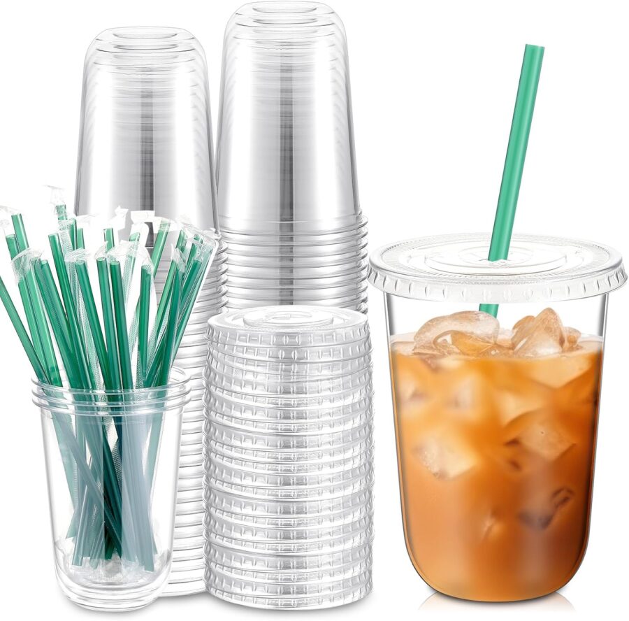 25 Set Plastic Cups with Lids and Straws, Disposable Plastic Iced Coffee Cup for Cold Beverage Juice Smoothie Crystal for Coffee Shops Party Catering(Clear,16 oz)