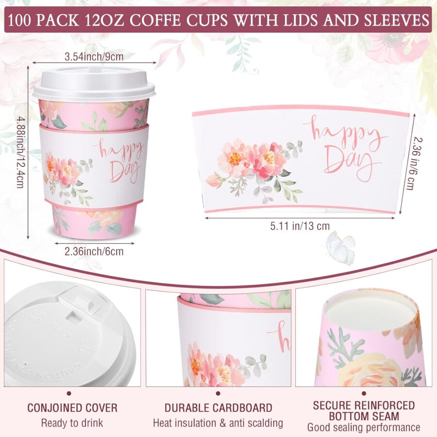 100 Pcs 12oz Floral Disposable Coffee Cups with 100 Lids and 100 Sleeves Paper Insulated Drink Hot Coffee Paper Cups with Dome Lids and Sleeves for Parties Wedding Baby Shower(Fresh) - Image 2