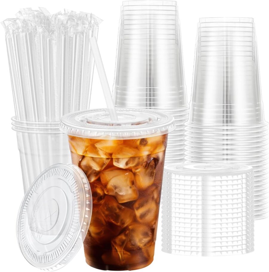 100 Pack 16 oz Disposable Plastic Cups with Lids and Straws, Clear Party Coffee Cups for Cold Beverages, Smoothies, Iced Coffee, and Leak-Proof, -Free