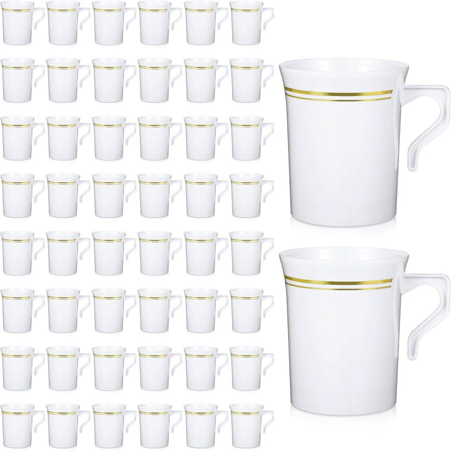 48 Pcs Plastic Coffee Cups, 8 oz Coffee Mugs with Handle, Disposable Plastic Tea Cups Espresso Beverage Plastic Coffee Cups with Handle for Wedding Cafe Party (White&Gold)