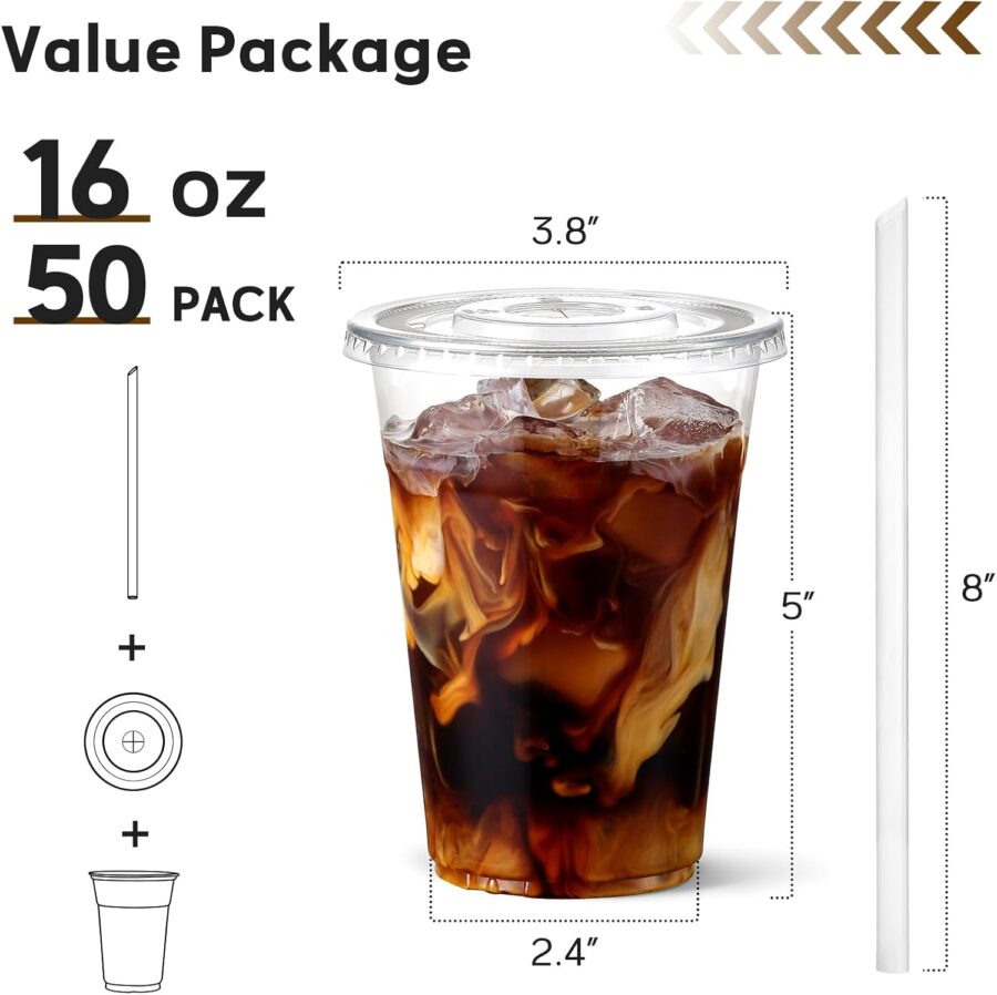 16 oz Plastic Cups with Lids and Straws, 50 Pack, Disposable Iced Coffee Cups with Lids, Clear Cups with Lids for Cold Drinks, Iced Tea, Milkshakes, Smoothies - Durable &  Free - Image 2
