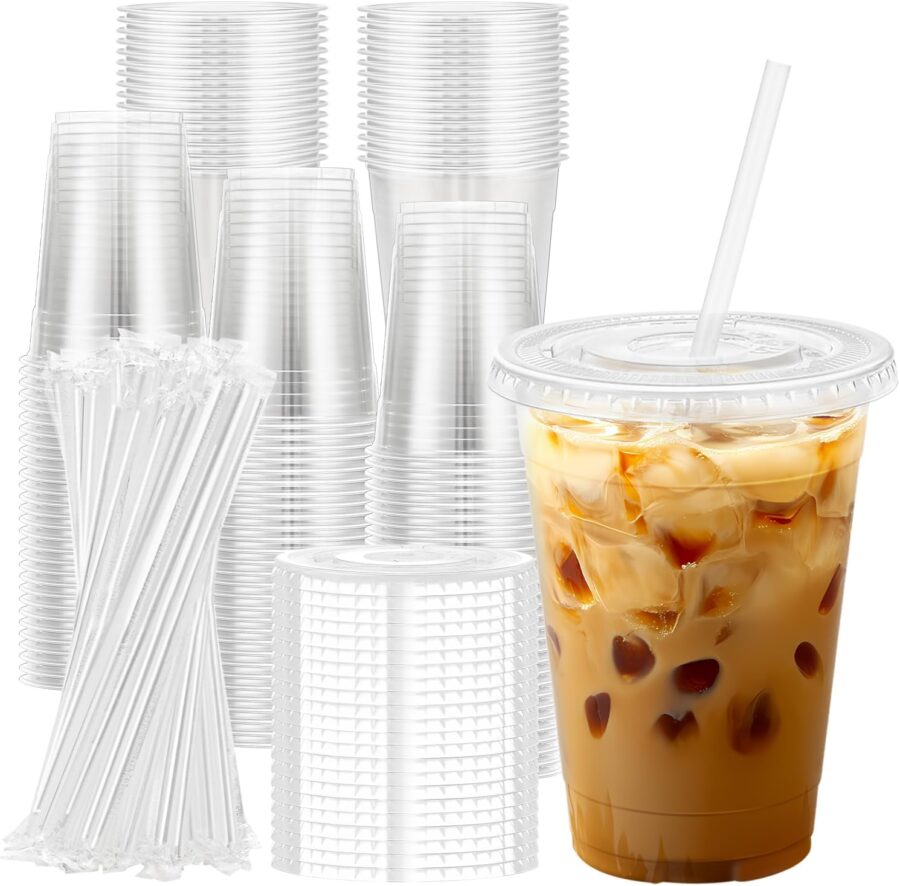 100 Pack 16 oz Clear Plastic Cups with Lids and Straws, Disposable Plastic Coffee Cups with Lids for Iced Coffee, Cold Beverages, Smoothies and To-Go Drinks