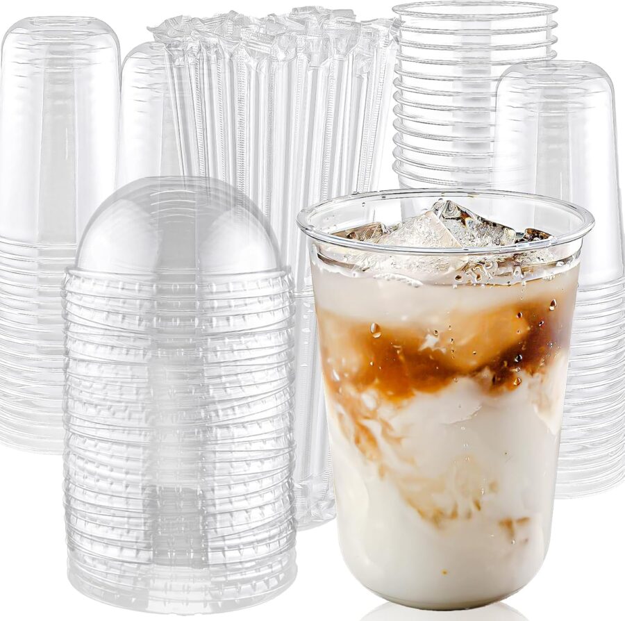 50 Set 16oz Disposable Clear Plastic Cup with Lids and Straws, Sturdy & Food Safe Iced Coffee Cups, Plastic Cold Drinks Cups for Smoothie, Milk Tea, Assorted Beverages Party Supplies