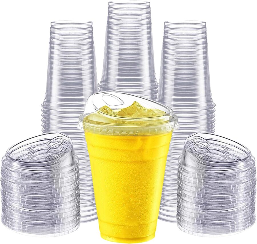 50 Pack 16 oz Clear Plastic Cups with Strawless Sip-Lids, Disposable Cold Drinking Cups with Lids, To Go Plastic Container for Iced Cold Coffee, and Soda for Events and Everyday Use.