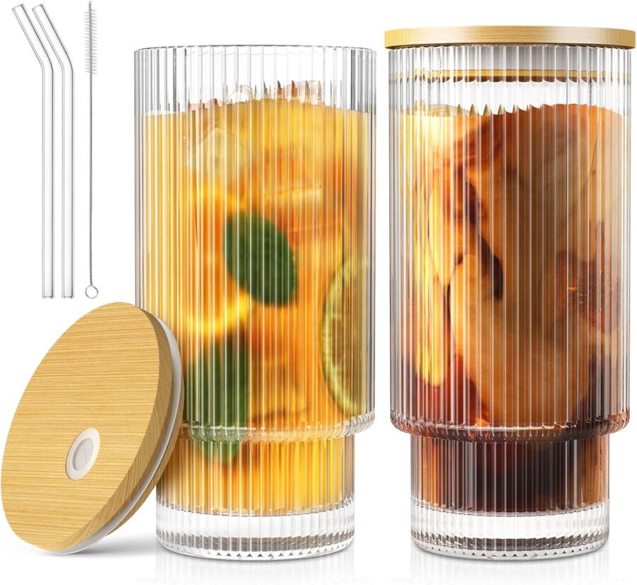 16OZ Glass Cups with Lids and Straws, Vintage Glassware for Whiskey Cocktail Beer, Iced Coffee Cups with Lid, Glass Tumbler with Straw and Lid (2 PACK)