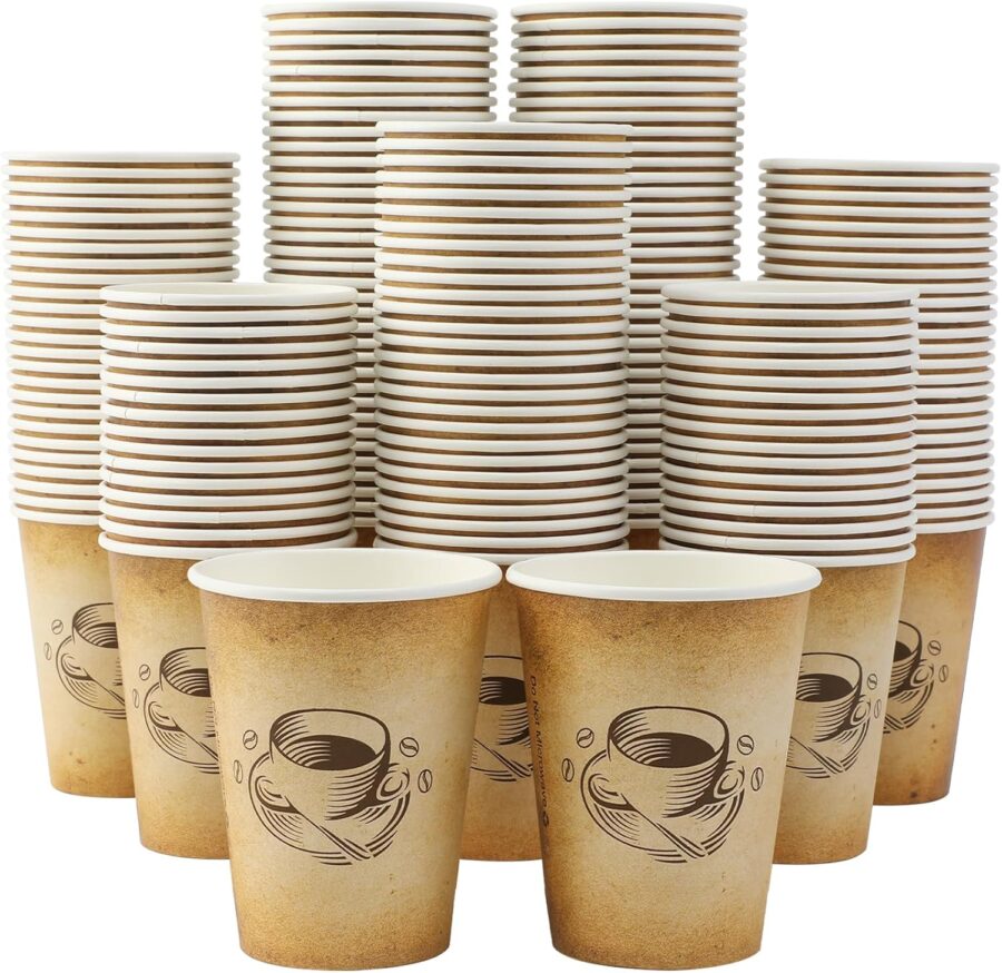 12 oz 300 Pack Disposable Paper Coffee Cups, Hot/Cold Beverage 12oz Disposable Coffee Cups, Retro Design, Leak-Proof, Hot or Cold Drink, Cocoa, Chocolate, Coffee Bar Supplies