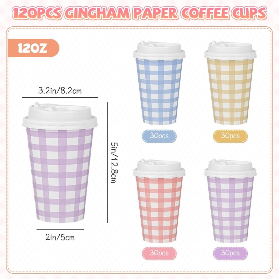 100 PACK Gingham 12OZ Coffee Cups with Lids, 4 Colors Disposable Plaid To Go Paper Coffee Cups Checkered Coffee Cup for Hot/Cold Drinks Beverage Chocolate Cocoa Office Home Shop (4 Colors) - Image 2