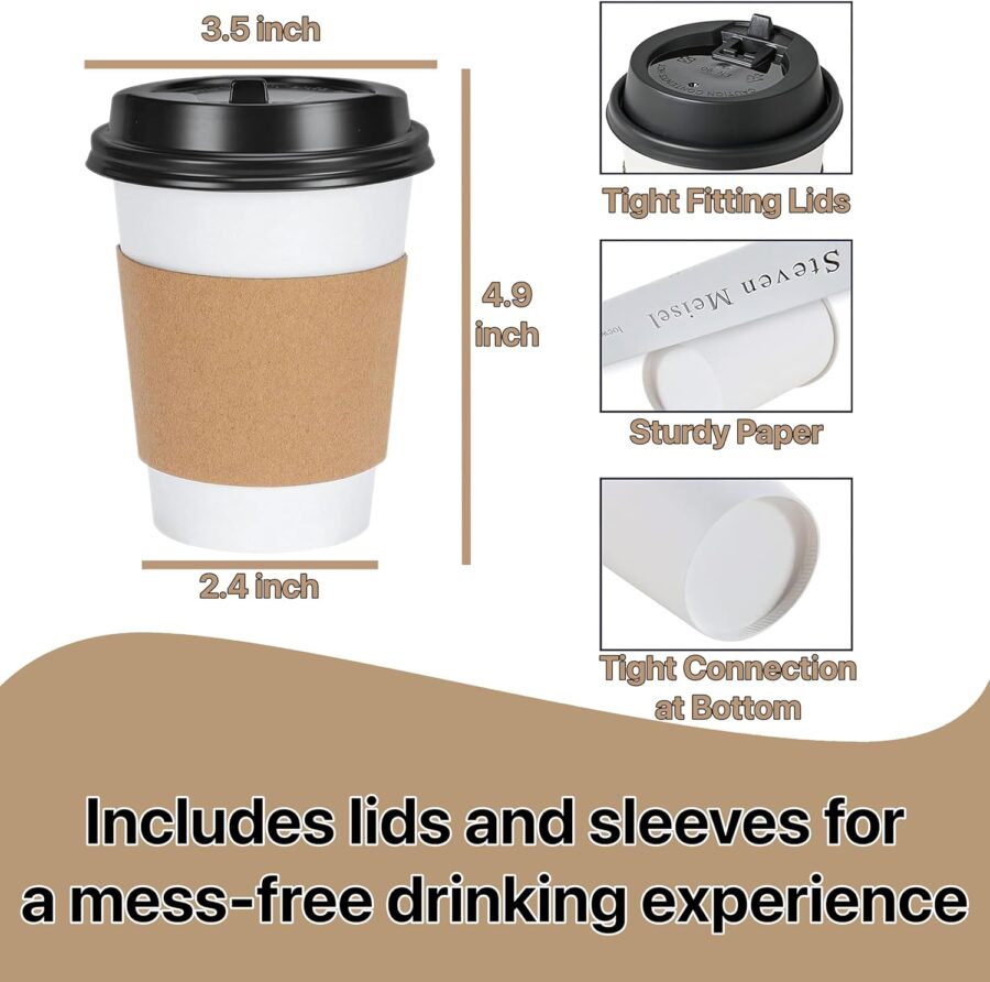 Paper White Cups [12 oz] with Lids and Sleeves x [25 Set] Disposable Hot Cold Coffee Water Beverage Drinking for School Office Home Kitchen Cafe Restaurant (25 Pack, 12 oz) - Image 2