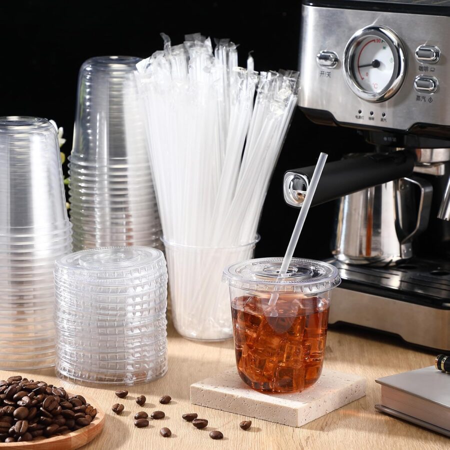 50 Sets Clear Plastic Cups with Lids and Straws, Disposable Iced Coffee Cups Drinking  for Cold Drinks, Juice, Smoothie, Coffee Shops, Party, Christmas(Clear,12 oz) - Image 2