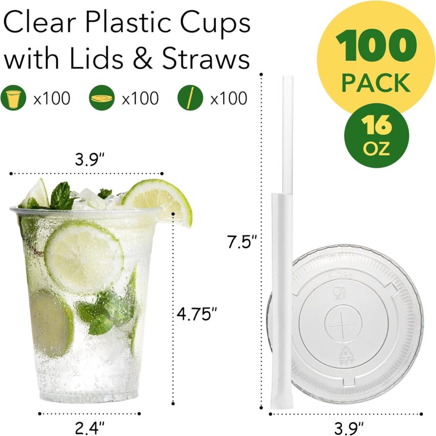 100 Pack 16 oz Clear Plastic Cups with Lids and Straws, Disposable Coffee Cups with Lids, To Go Iced Coffee Cups with Lids, Disposable Cups for Party, Smoothie Cup for Cold Drinks - Image 2