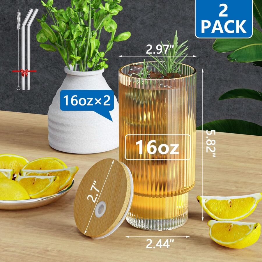 16OZ Glass Cups with Lids and Straws, Vintage Glassware for Whiskey Cocktail Beer, Iced Coffee Cups with Lid, Glass Tumbler with Straw and Lid (2 PACK) - Image 2