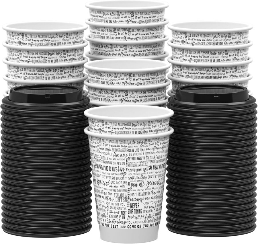 Disposable Paper Coffee Cups with Lids, 100 pack 12 oz Double Wall Paper Cups, Insulated Takeaway To Go Hot Drinking Cups for Home Office Travel Wedding Party Supply