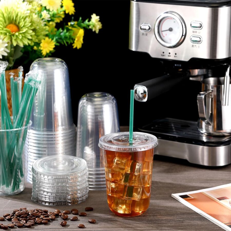 25 Set Plastic Cups with Lids and Straws, Disposable Plastic Iced Coffee Cup for Cold Beverage Juice Smoothie Crystal for Coffee Shops Party Catering(Clear,16 oz) - Image 2