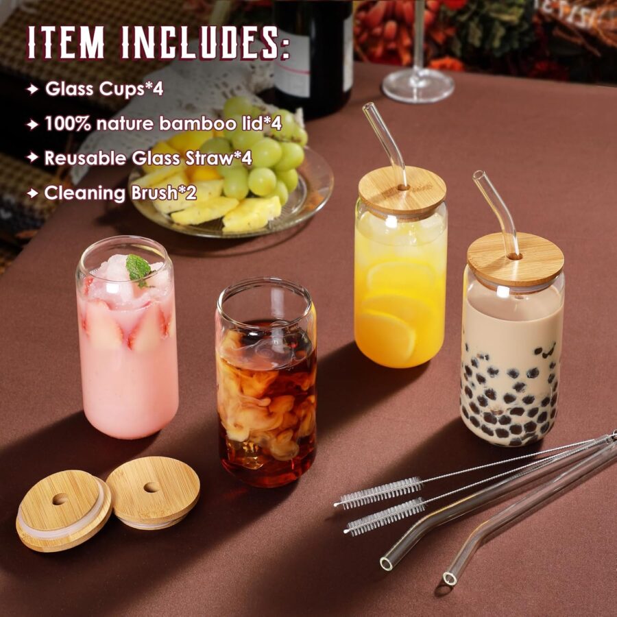 Drinking Glasses with Bamboo Lids and Glass Straw 4pcs Set - 16oz Glass Cups, Iced Coffee Glasses, Cute iced Tea Glasses, Beer Glasses, Ideal for Coffee Bar Accessories, Aesthetic Gift - 2 Brushes - Image 2