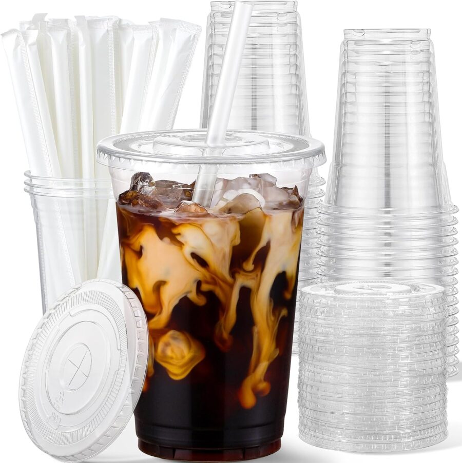 25 Pack - 16 oz Plastic Cups with Lids and Straws, Clear Iced Coffee Cups with Lids, Disposable Cups with Lids for Cold Drinks, Iced Tea, Milkshakes, Smoothies - Durable &  Free