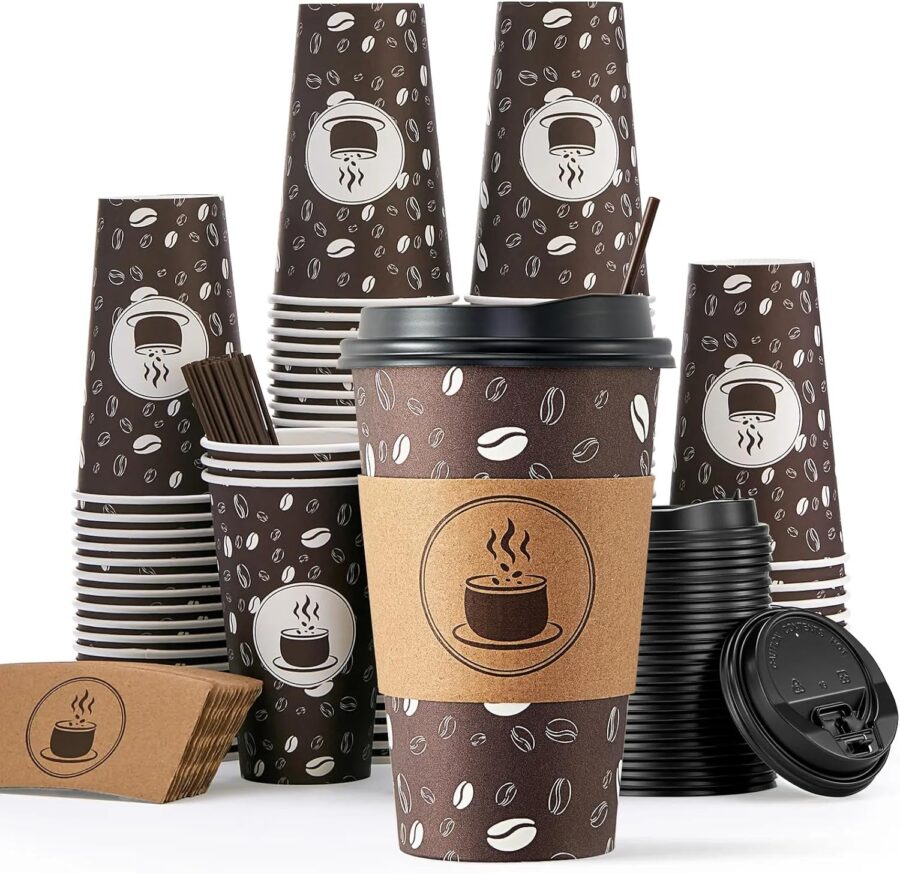 Disposable Coffee Cups with Lids, Sleeves and Straws - 12oz(100 Pack) Paper Coffee Cups with Lids, Durable,  Free Hot Cup for Shops, Cafes, and Concession Stands(Dark Brown)
