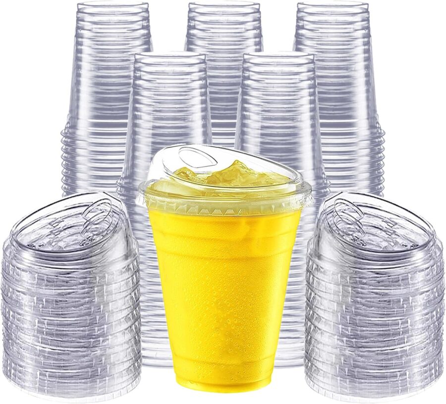 100 Pack 12 oz Clear Plastic Cups with Strawless Sip-Lids, Disposable Cold Drinking Cups with Lids, To Go Plastic Container for Iced Cold Coffee, and Soda for Events and Everyday Use.