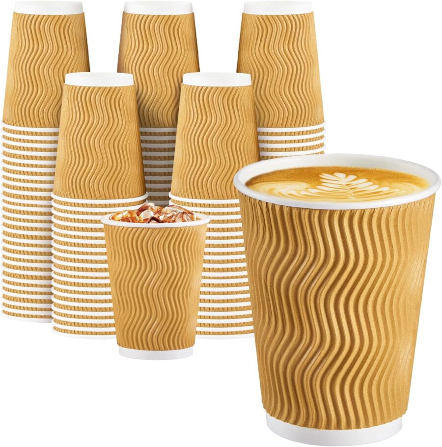 Coffee Cups 12 oz 50 Pack, Insulated Ripple Wall Paper Cups 12 oz, Disposable Coffee Cups, Hot Beverage/Cold Drinking Cups for Office, Home, Party, Cafe, Picnic, Travel (Champagne)