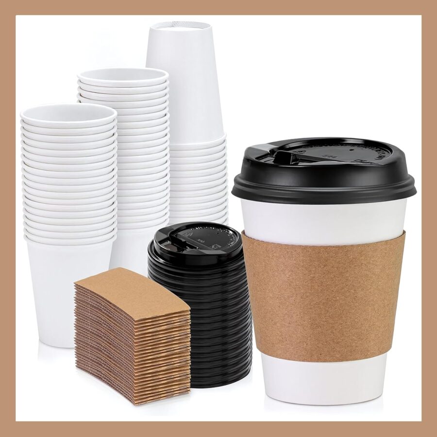 Paper White Cups [12 oz] with Lids and Sleeves x [25 Set] Disposable Hot Cold Coffee Water Beverage Drinking for School Office Home Kitchen Cafe Restaurant (25 Pack, 12 oz)